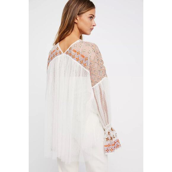 Free People Joyride Sheer Tulle Embroidery Oversized Top Long Sleeve Sz S Ivory - Picture 4 of 14